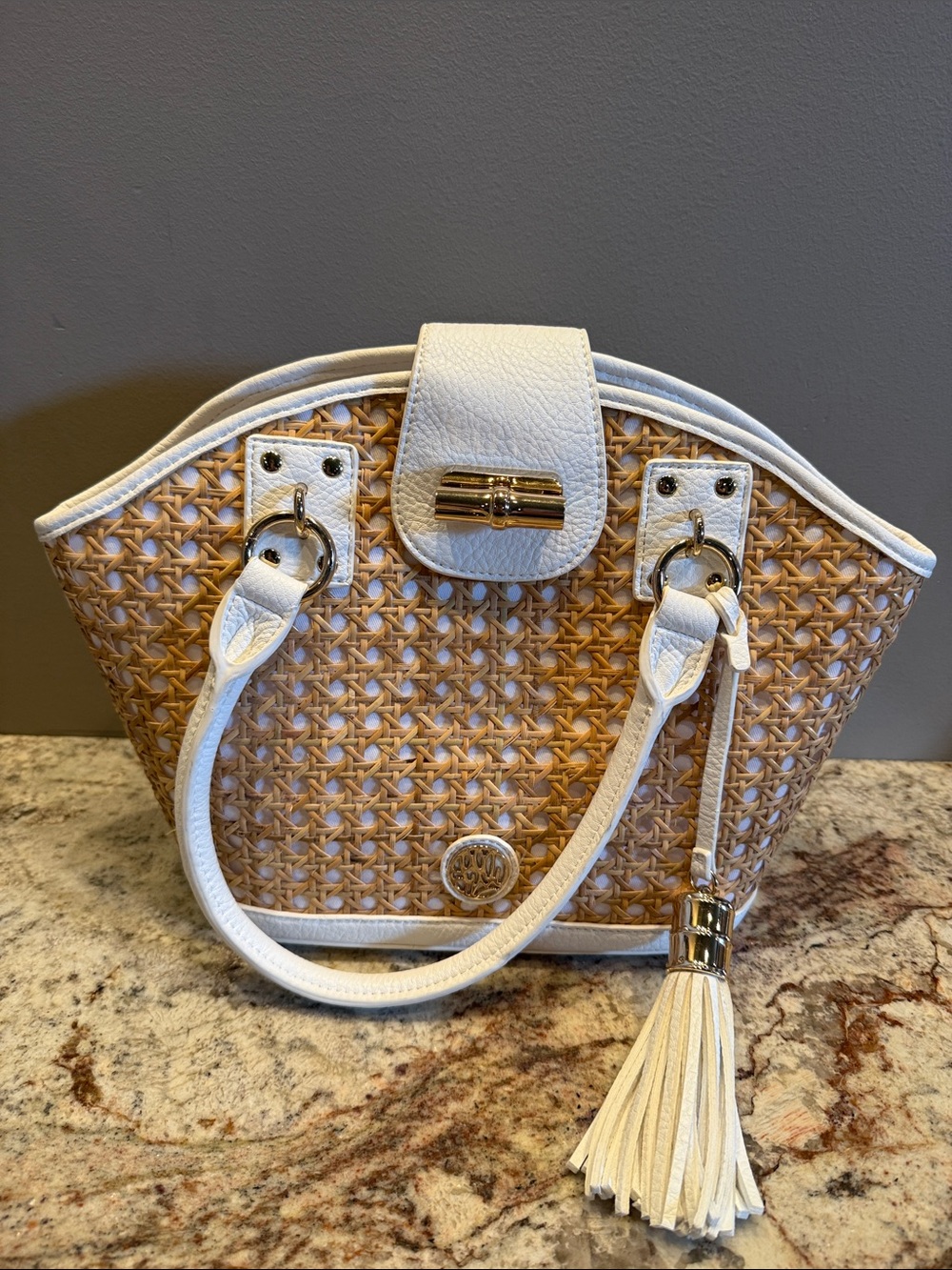 Lilly Pulitzer Adeline Cane White-Trim Natural Woven bag with Tassel